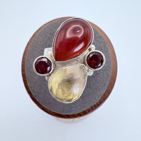 VTG Sterling Silver 925 Multi-Gemstone Bezel Set Statement Ring Size 7 - Picture 1 of 9